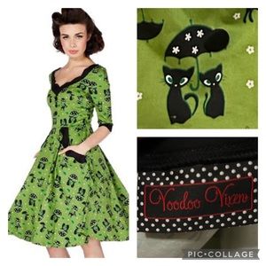 Voodoo Vixen Pinup Dress Green Katniss Black Cats Umbrellas Medium